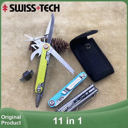 SWISS TECH 11-in-1 Mini Multitool - Folding EDC Camping Tool with Scissors, Screwdriver & Clip