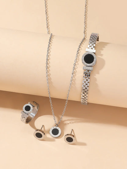 Niche Design Roman Digital Jewelry Set — Titanium Steel Necklace, Bracelet & Ring Studs for Women, Simple & Elegant
