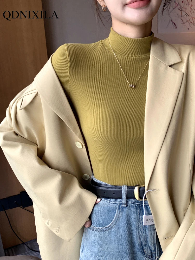2024 New Women's Knitted Half-Turtleneck Pullover - Elegant Korean Fashion Long-Sleeved Sweater Jumper Tops