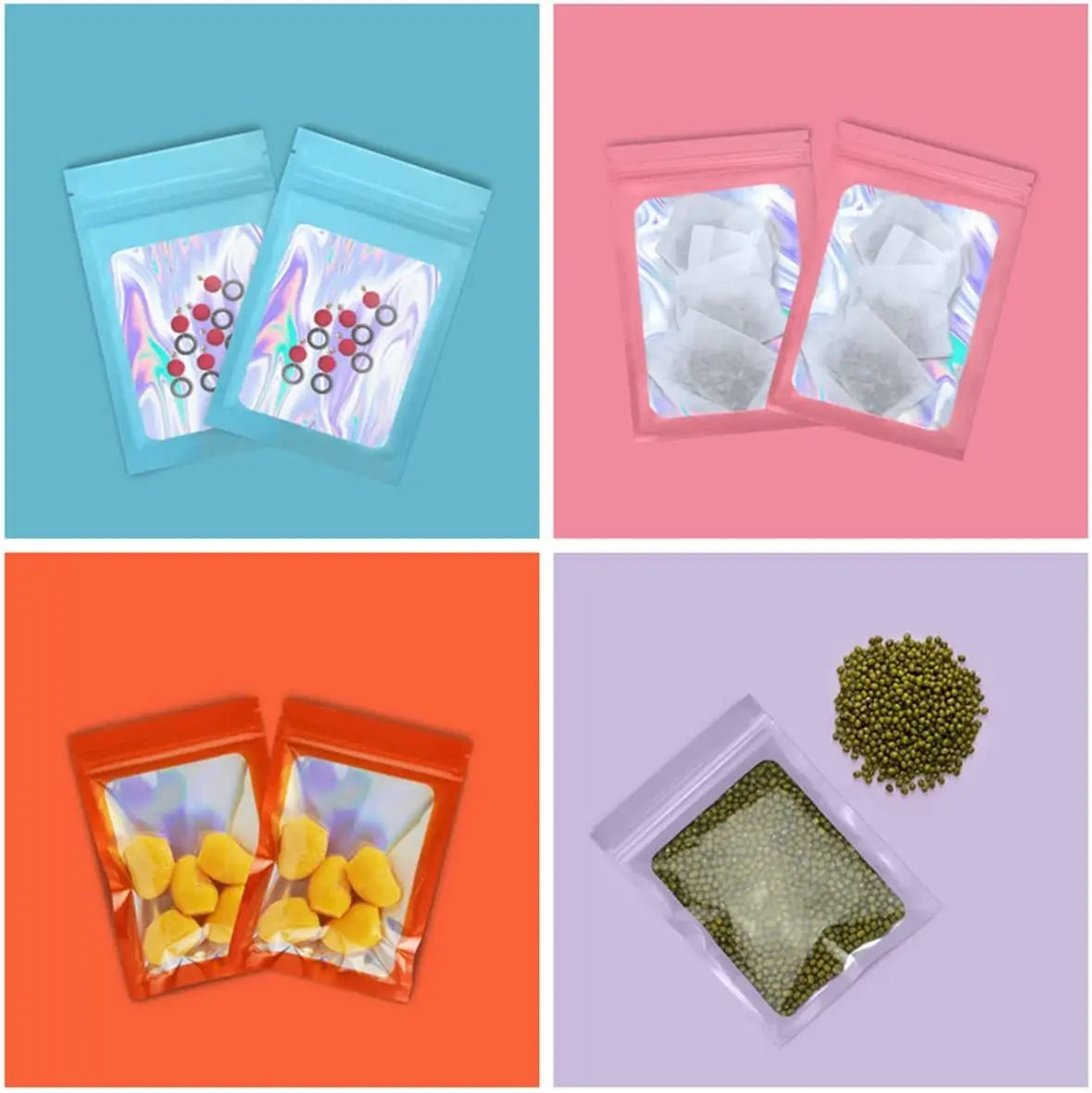 50pcs Mylar Bags – Laser Color Plastic Mini Pouches | Resealable ZipLock and Smell Proof for Coffee, Herbs, and Powder