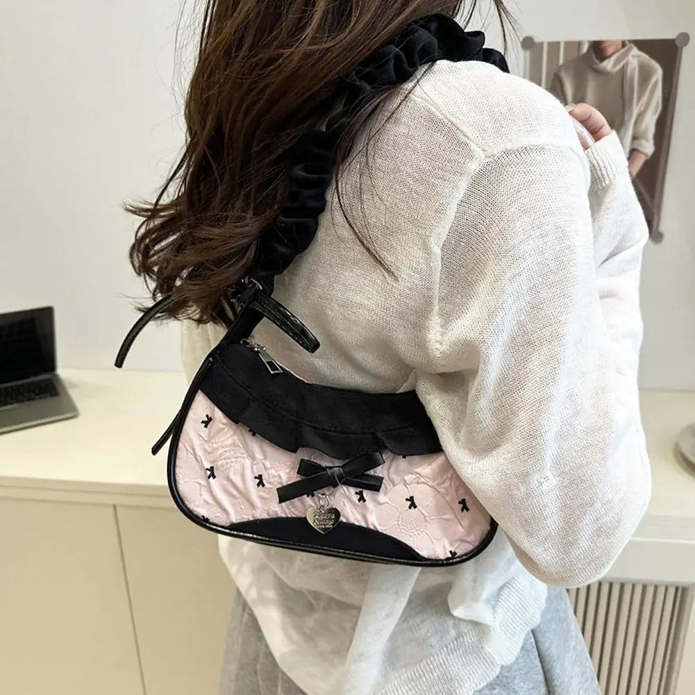 Fashion Grid Lace Shoulder Bag - Stretchable Ribbon Strap Underarm Handbag for Women, Students & Daily Commuting