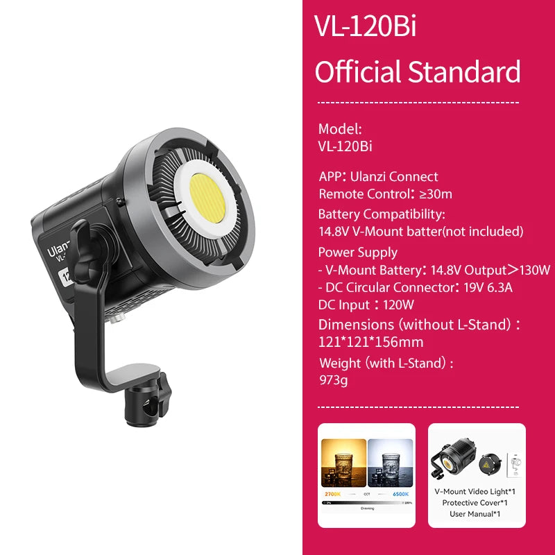 Ulanzi VL-120Bi VL-120C 120W V-Mount COB Light – Wireless APP Control, 2700K-6500K Video Light for Skit Video Photography