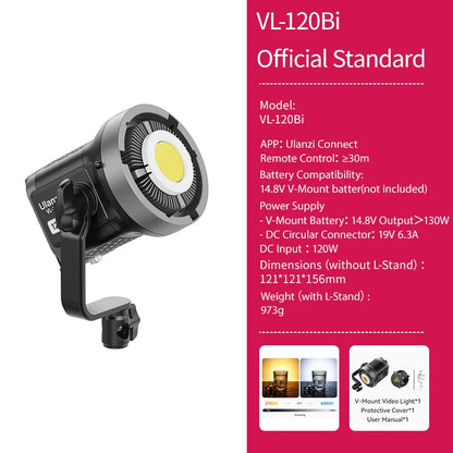 Ulanzi VL-120Bi VL-120C 120W V-Mount COB Light – Wireless APP Control, 2700K-6500K Video Light for Skit Video Photography