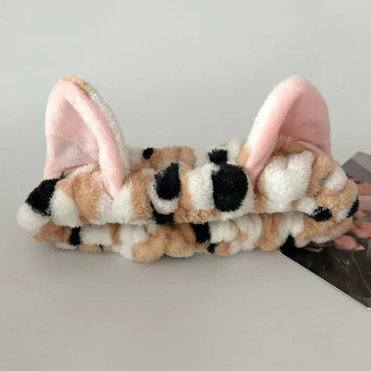 Cute Cat Ear Leopard Plush Headband Set - 3PCS Spa, Face Washing and Makeup Hair Accessories