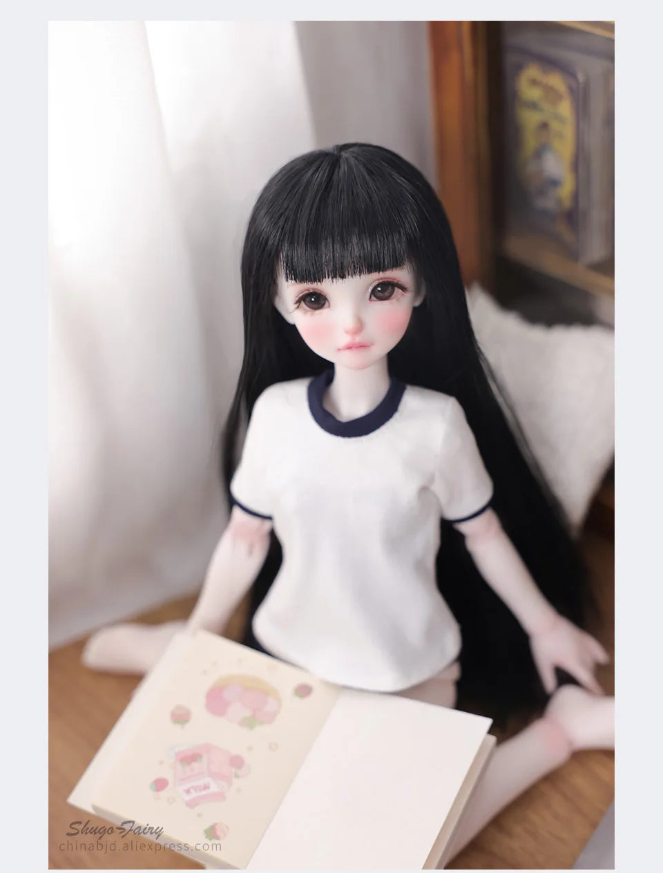 Shuga Fairy Mirai 1/5 BJD Doll with Ruoguan Body, Long Black Hair, Juvenile Features, Resin Joint Doll for Collectors