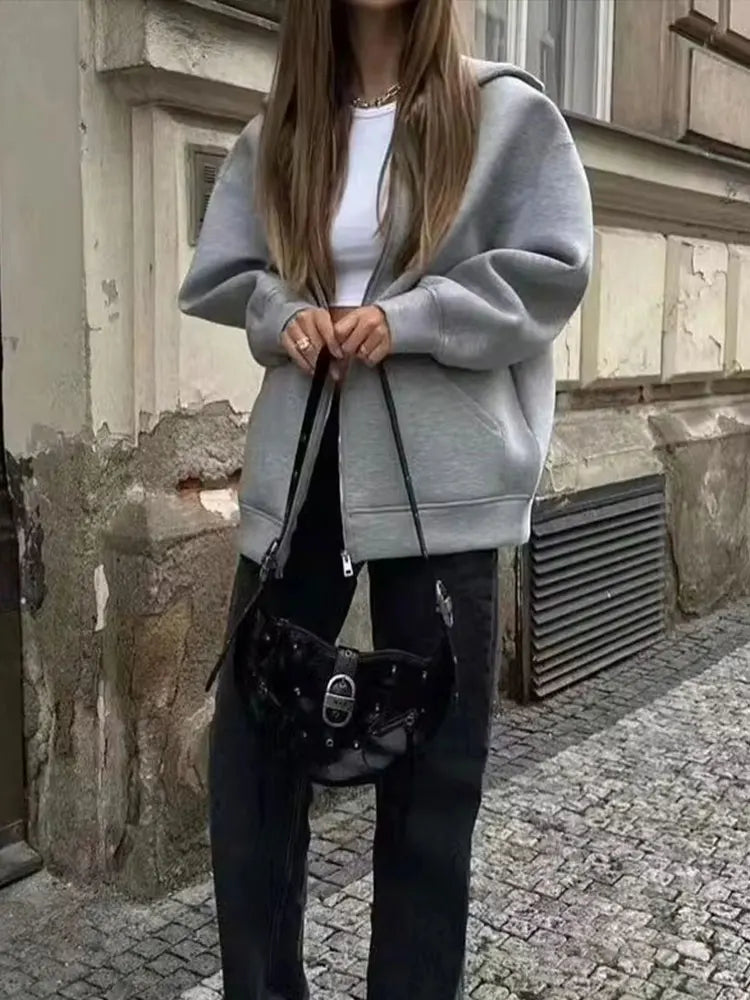 TRAFZA Autumn Women's Gray Jacket – Hooded, Long Sleeve, Zipper Coat with Big Pockets, Loose Casual Outerwear Tops