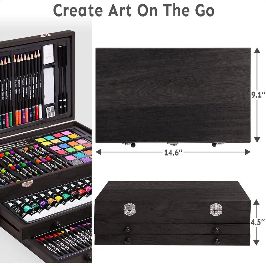 175-Piece Deluxe Art Set – Professional Wooden Case Kit with Drawing Pads, Acrylic Paints, Crayons & Colored Pencils