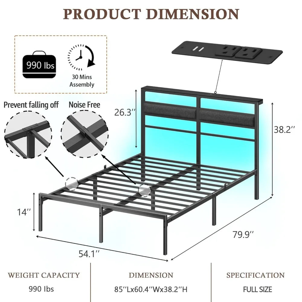 LED Bed Frame with Charging Station – Black Metal Platform Bed Frame with Headboard, Custom Design Modern Storage & Lighting Bed