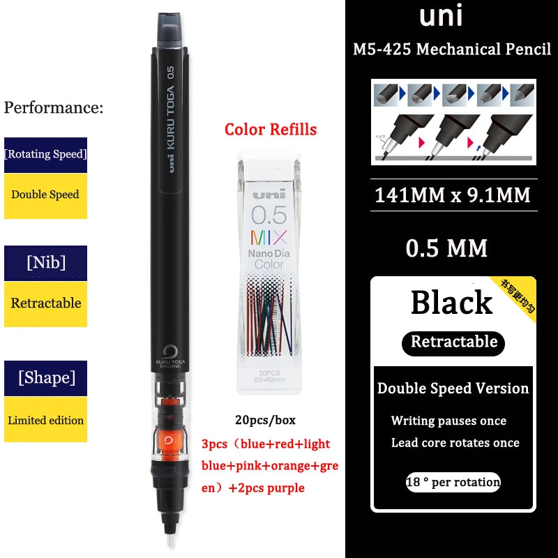 UNIStationery Automatic Mechanical Pencil — 0.5mm Anti-Slip Grip, Rotating Refillable Pen with Anti-Break Core