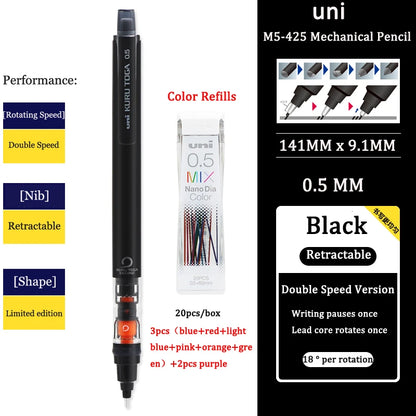 UNIStationery Automatic Mechanical Pencil — 0.5mm Anti-Slip Grip, Rotating Refillable Pen with Anti-Break Core