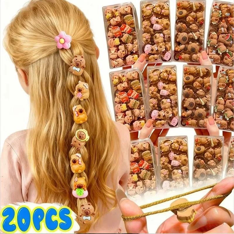 10/20PCS Cute Capybara Hair Ties for Kids - Resin Animal Elastic Hair Bands and Cartoon Hair Accessories for Girls