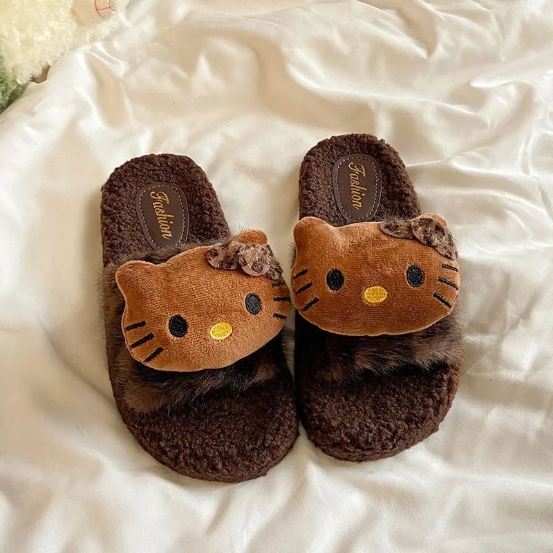 Kawaii Hello Kitty Leopard Print Fluffy Slippers – Women’s Cozy Non-Slip Indoor Cotton Slippers