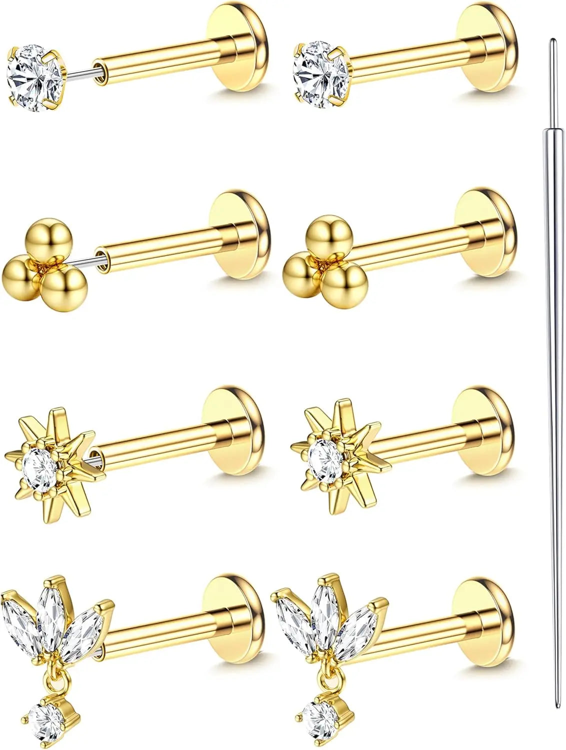14K Gold Plated CZ Flat Back Stud Earrings – 316L Surgical Steel Threadless Nose, Helix & Cartilage Piercing Jewelry