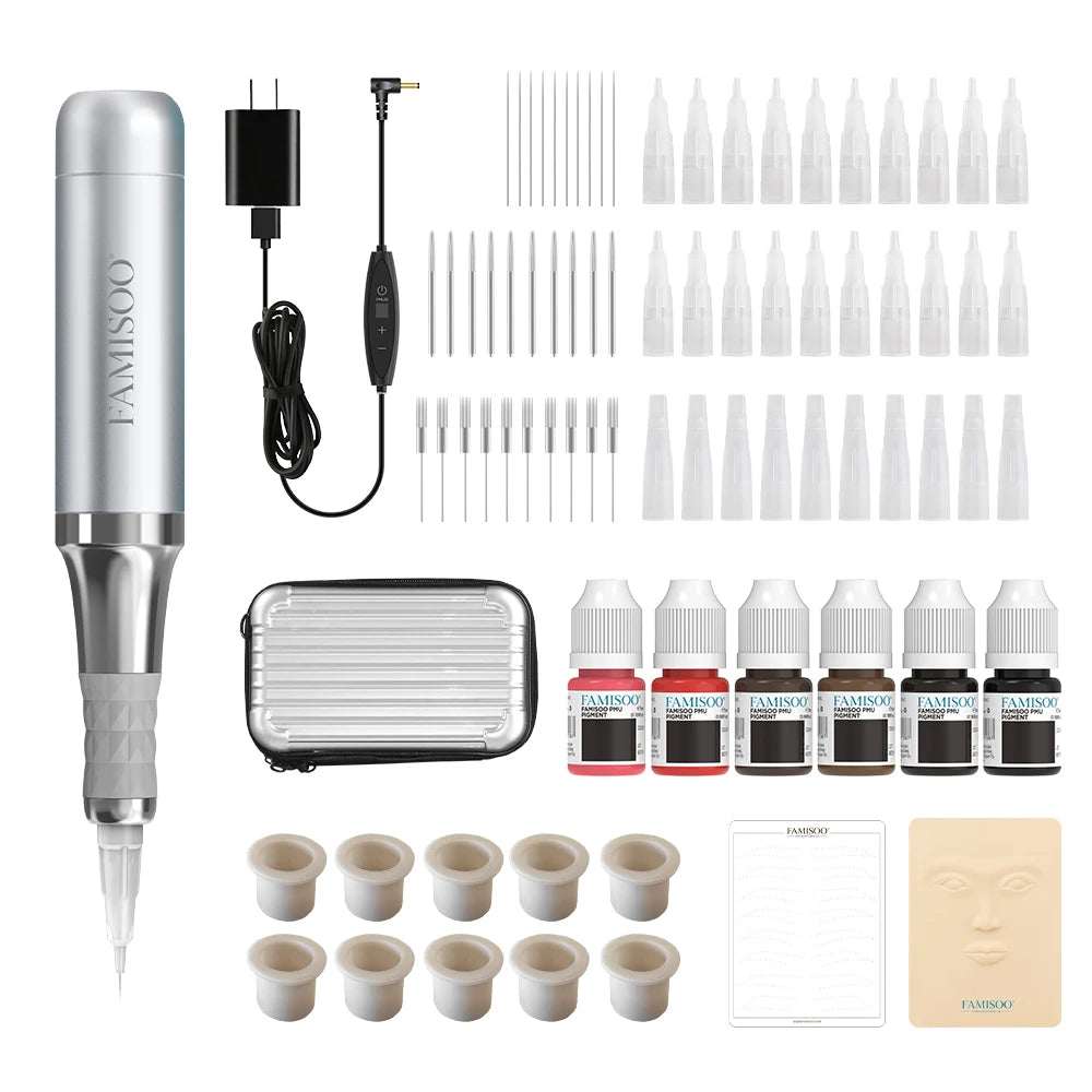FAMISOO Professional Permanent Makeup Tattoo Machine Kit – Eyebrow, Eyeliner, Lip & Body with 6 Pigment Needles