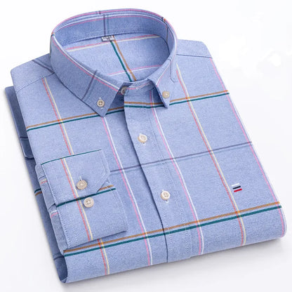 Men’s Cotton Oxford Shirt - Smart Casual Long Sleeve Plaid Print Dress Shirt, Regular Fit up to 6XL