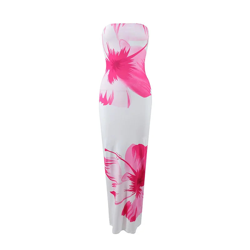 Women’s Floral Strapless Maxi Dress - High Waist Slim Fit Summer Vacation & Evening Party Dress