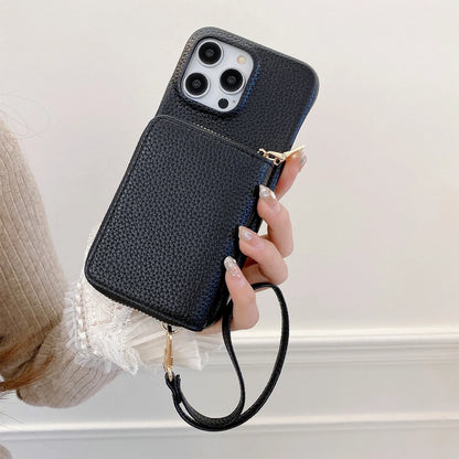 Luxury Litchi PU Leather iPhone Case – Card Holder Lanyard Wallet Cover for iPhone 11 to 15 Pro Max 📱✨