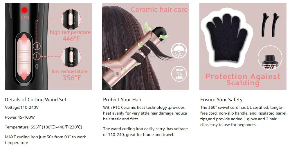 5 in 1 Hair Curler Wand Set with Curling Brush – 0.35” to 1.25” Curling Iron, Heat Resistant Glove & Hair Clips