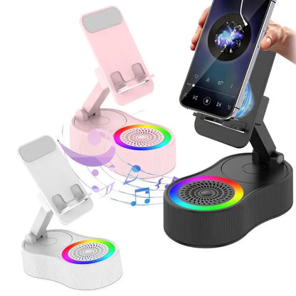 360° Rotatable Phone Stand with Bluetooth Speaker - RGB Light & Height-Adjustable Cell Phone Holder