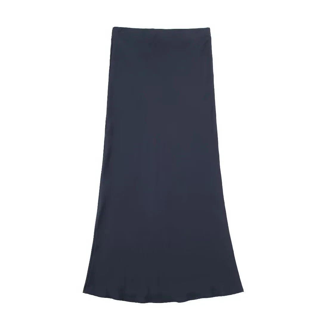 TRAFZA 2024 Y2K Women’s Long Skirt – Elastic High-Waist A-Line Satin Skirt for Spring Casual & High Street Fashion