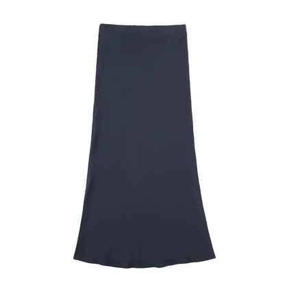 TRAFZA 2024 Y2K Women’s Long Skirt – Elastic High-Waist A-Line Satin Skirt for Spring Casual & High Street Fashion