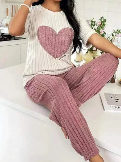 Women’s Heart Print Pajama Set – Short Sleeve Top & Pants Two-Piece Loungewear