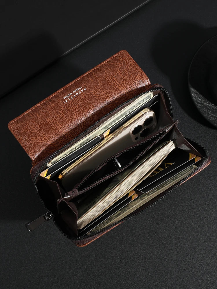 Men's PU Leather Zipper Handbag - Large Capacity Long Wallet Clutch with Phone Bag, Multi-Card Holder and Coin Purse