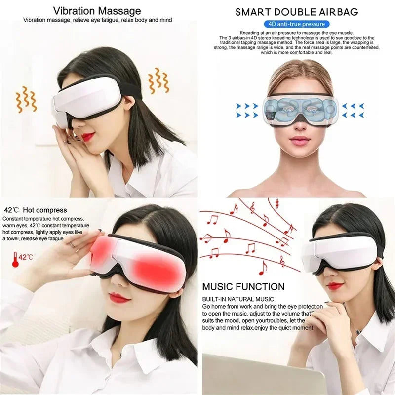 6D Rechargeable Eye Massager – Vibrating Hot Compress with Bluetooth Music for Relaxation, Sleep Improvement & Eye Care