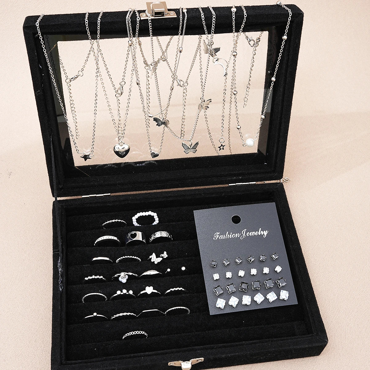 51Pcs Silver Butterfly Pearl Jewelry Set - Chic Heart Necklace Earrings Rings Fashion Accessories for Women Daily Wear