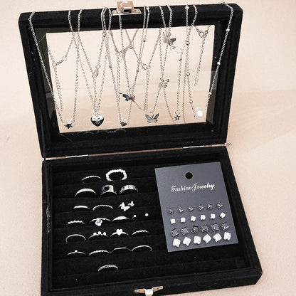 51Pcs Silver Butterfly Pearl Jewelry Set - Chic Heart Necklace Earrings Rings Fashion Accessories for Women Daily Wear