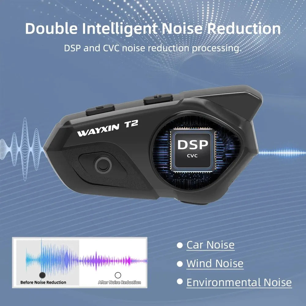 WAYXIN T2 Motorcycle Helmet Bluetooth Headset – Waterproof 300M Intercom for 2 Riders, BT 5.1 Moto Interphone