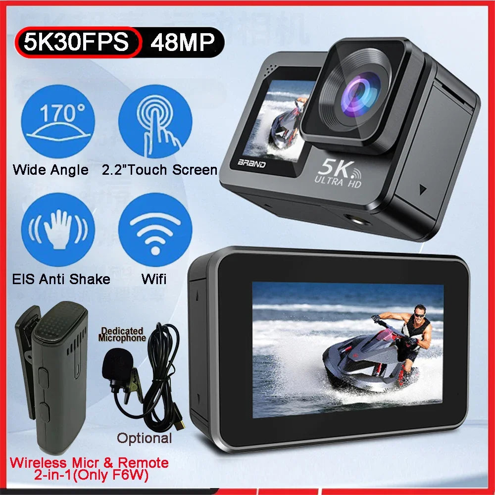 F6W Action Camera — 5K/4K60FPS, 48MP, 2.2" Touch LCD, EIS, Dual Screen, Wi-Fi, 170° Waterproof 30M, 8X Zoom Sports Camera with Wireless Mic
