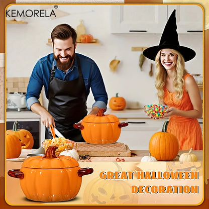 Halloween Pumpkin Ceramic Bowl – Oven-Safe Casserole with Lid & Handles for Thanksgiving