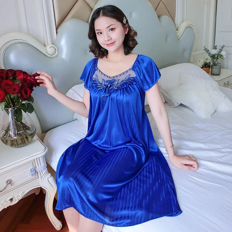 Midnite Star Women’s Ice Silk Sleepwear Set – V-Neck Lace Nightdress Pyjamas, Homewear Nightgown, Plus Size