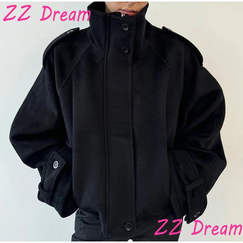 Women’s Short Woolen Coat - Stand Collar Loose Zipper Jacket for Spring Autumn Fashion Outerwear