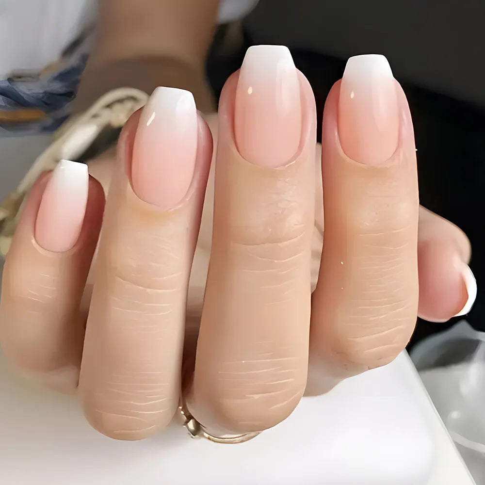 24Pcs Square Press On Nails - Nude White Gradient French False Nail Tips with Full Cover Short Design