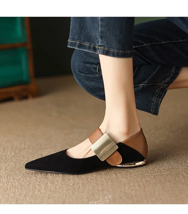 2023 Spring Women’s Suede High Thick Heel Pumps – Black & Apricot Square Toe with Metal Decoration, Elegant Lady Shoes