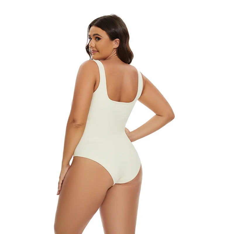 GUUDIA Ribbed Tummy Control Jumpsuit – Light Compression Daily Shaper Bodysuit with Open Crotch Shapewear Design