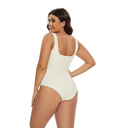 GUUDIA Ribbed Tummy Control Jumpsuit – Light Compression Daily Shaper Bodysuit with Open Crotch Shapewear Design
