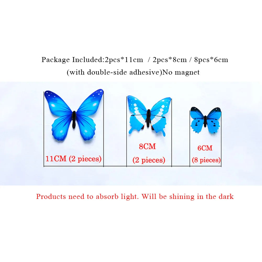 12PCS Luminous 3D Butterfly Wall Stickers — Glow-in-the-Dark Wedding Party & Home Decor, Living Room Fridge Decals