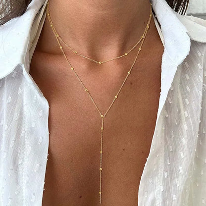 Gold Plated Lariat Necklace – Double Layered Long Chain Drop Pendant Choker for Women, Fashion Jewelry Gift
