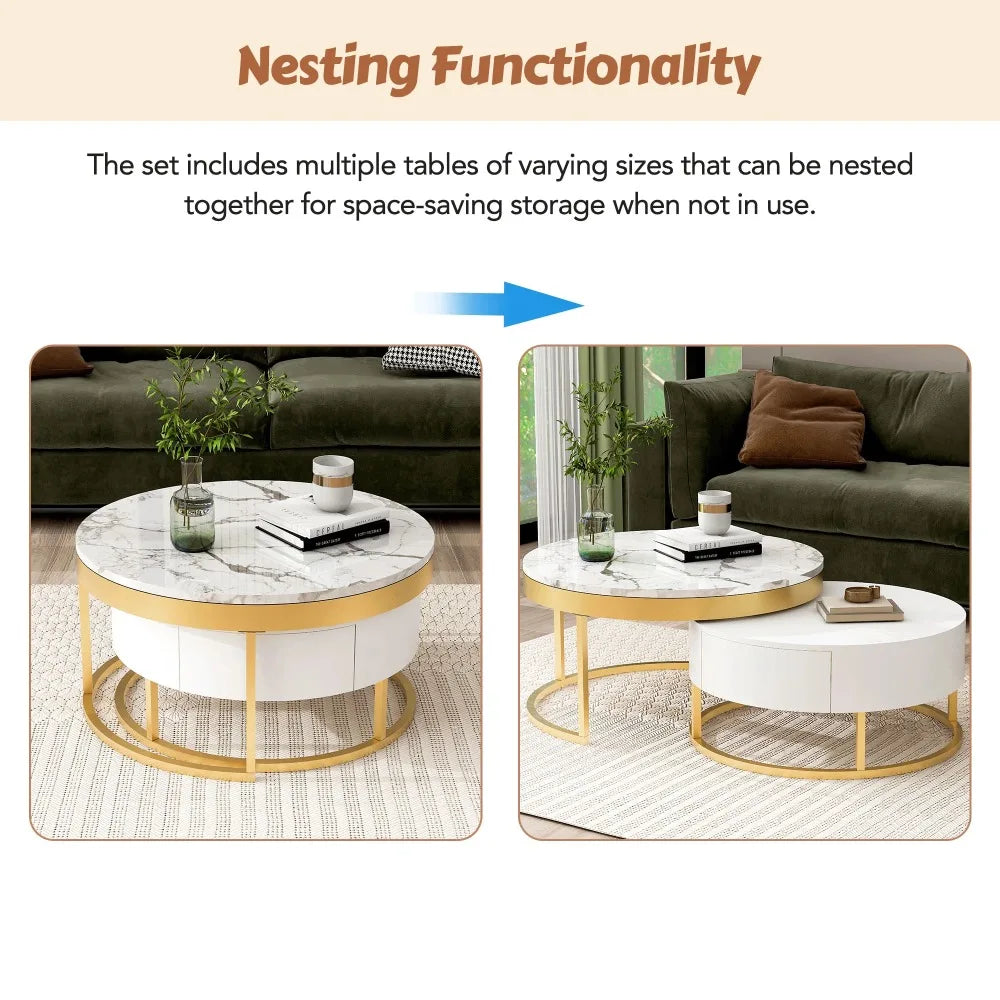 Set of 2 Round Gold Nesting Coffee Tables — Storage Drawer Living Room Furniture