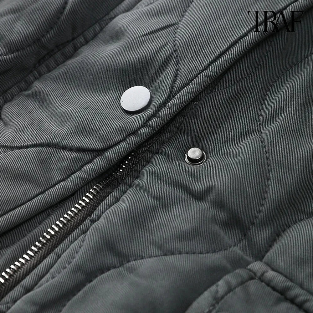 TRAF Women’s Quilted Aviator Jacket – Solid Color Round Collar Long Sleeve Casual Coat