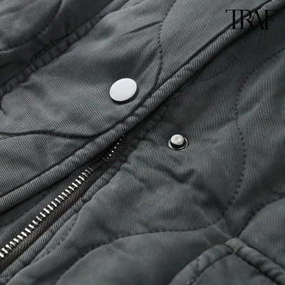 TRAF Women’s Quilted Aviator Jacket – Solid Color Round Collar Long Sleeve Casual Coat