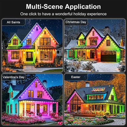 Black RGB Eaves LED Light Strip – Outdoor Bluetooth APP-Controlled Lights with Scene Modes for House, Party & Wedding
