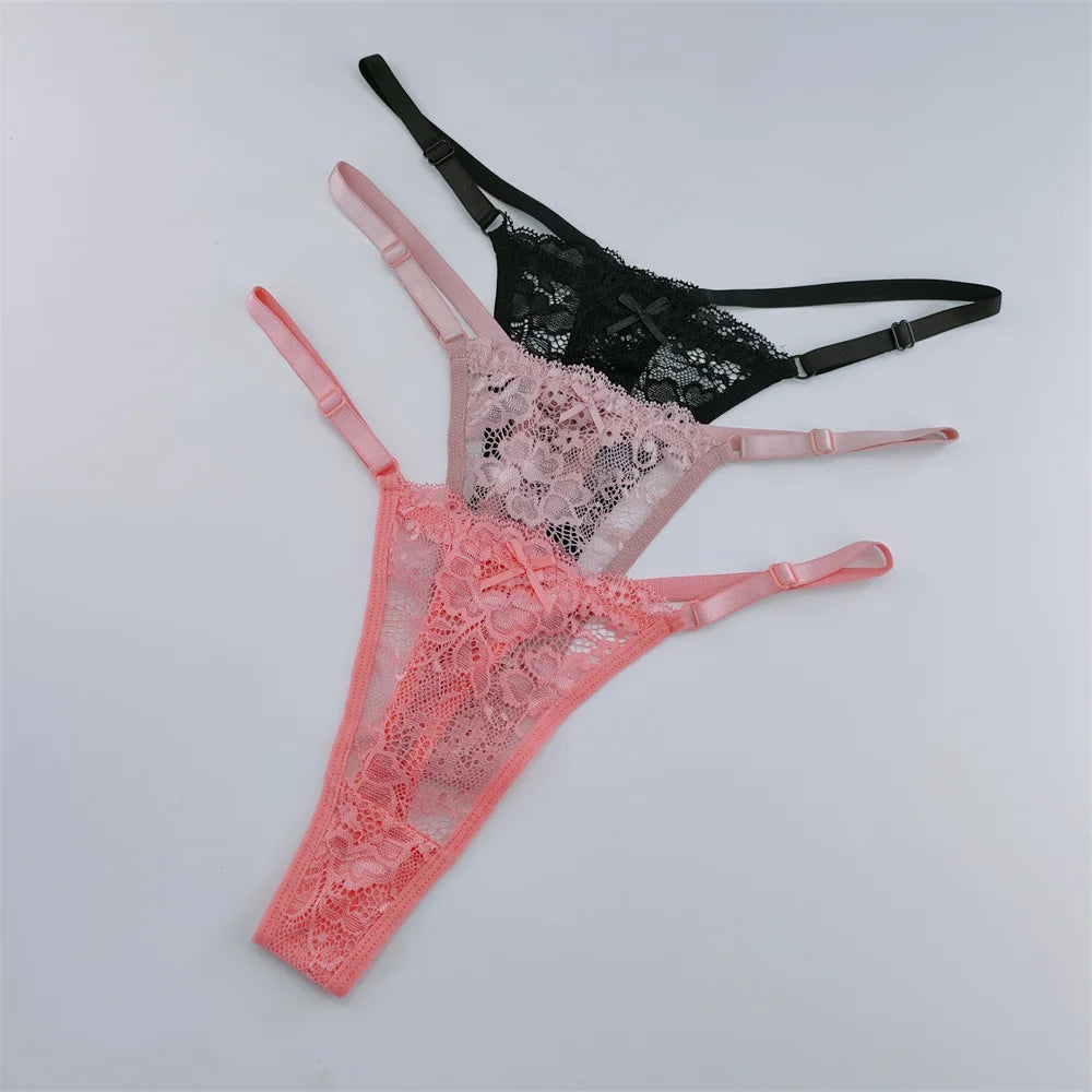 Women's Lace Thong Set - 3-Piece Low Waist Breathable Sheer G-String Lingerie