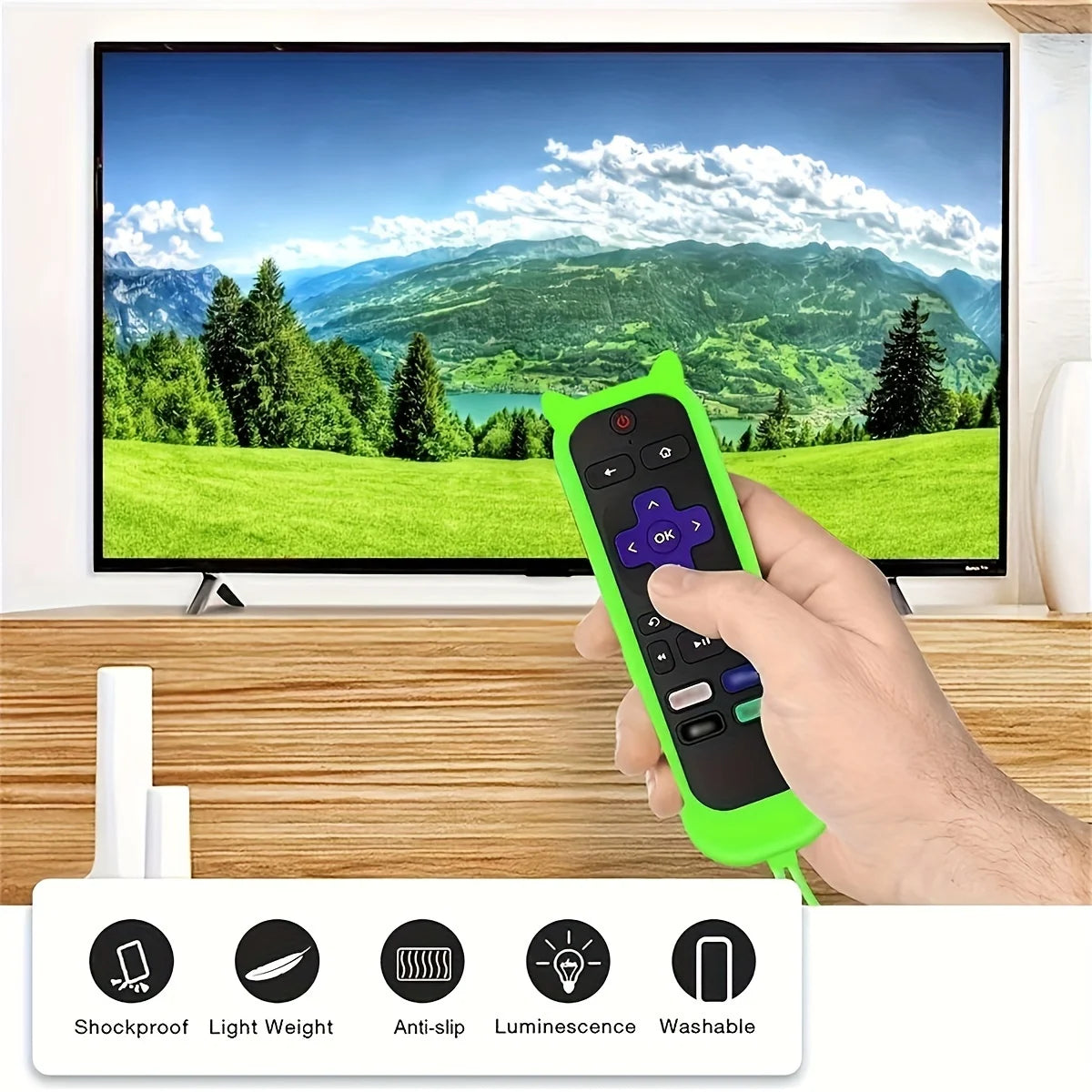 Glow-in-the-Dark Cat Ear Silicone TV Remote Cover - Cute Protective Case for TCL, Hisense & Roku Remotes