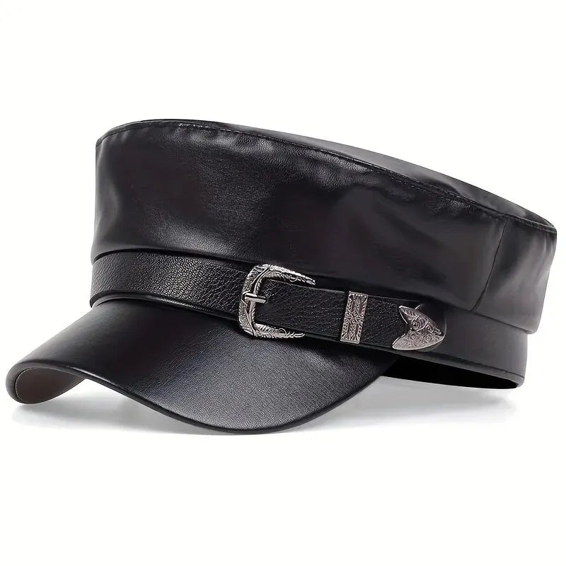 Large Buckle Leather Beret Hat - Fashion Sailor Military Cap for Women and Men