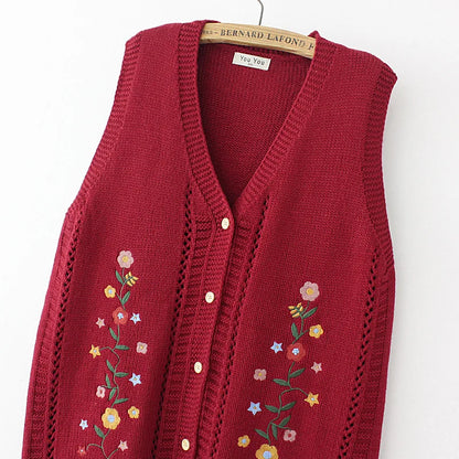 Plus Size Women's Embroidered Hollow Knit Sweater Vest – V-Neck Cardigan, Casual Autumn Fashion, E2 3023