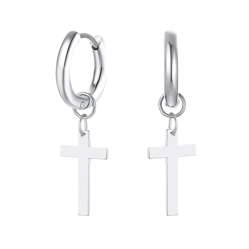 Stainless Steel Cross Charm Earrings - Men's Fashion Jewelry